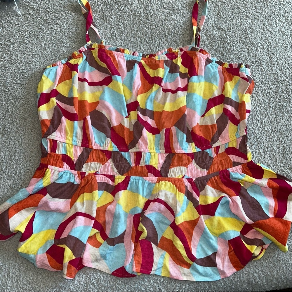 torrid Colorful Abstract Ruffle Tank Top - Red, Yellow, Blue, Pink, Brown - Picture 4 of 6